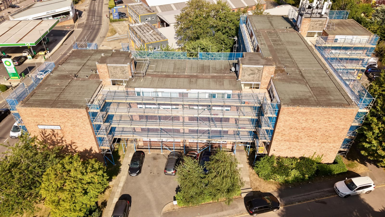 Aerial view of independent scaffolding to Rashford Court apartment block