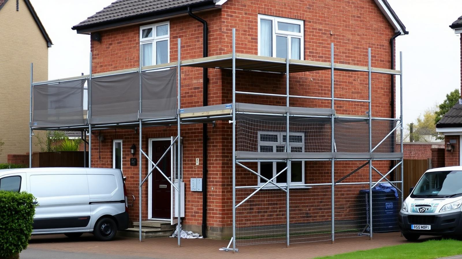 Residential scaffold with neutral grey debris netting around a UK semi-detached brick house