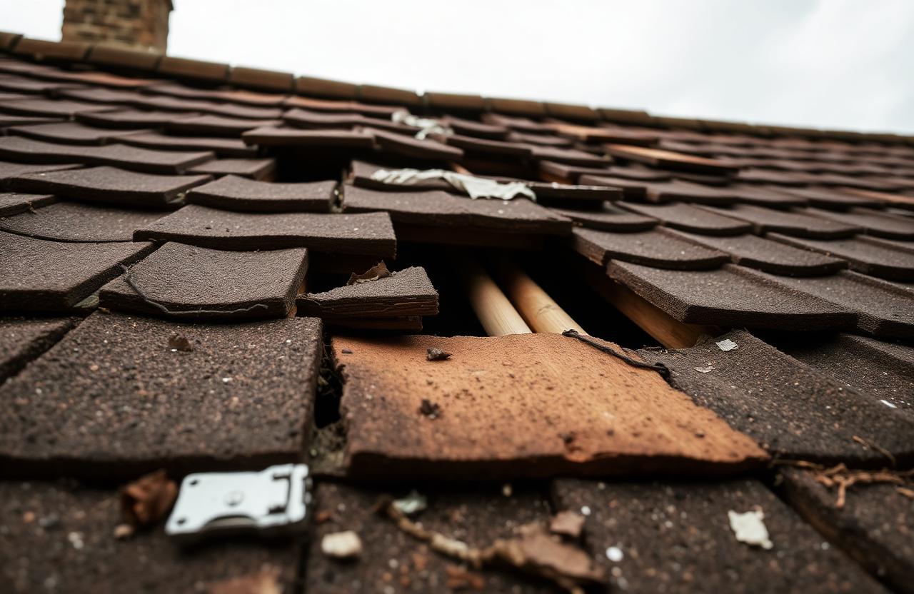 Storm-damaged UK house with broken roof tiles scattered on the driveway