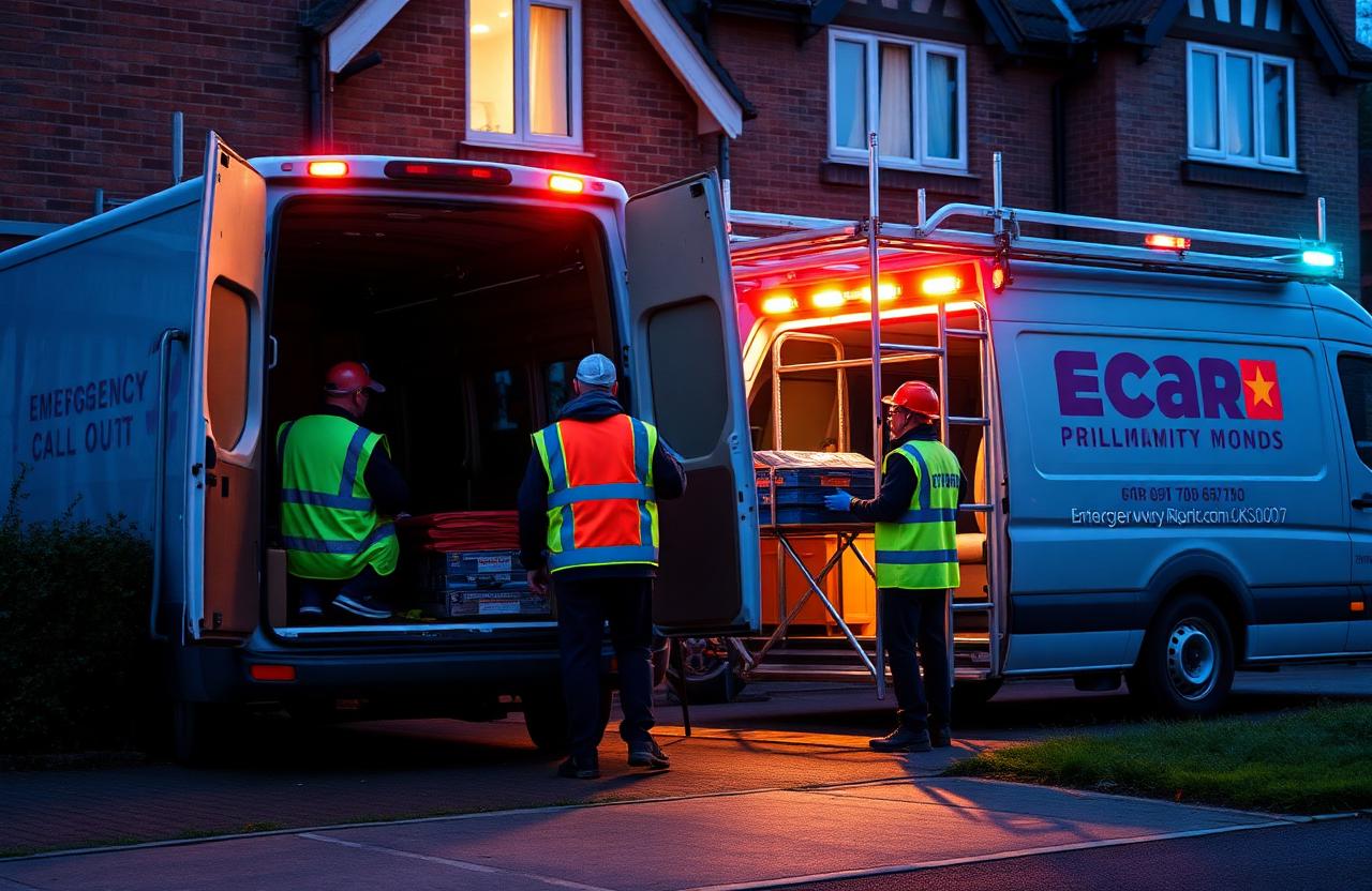 Storm aftermath outside a UK suburban property — emergency scaffolding scenario