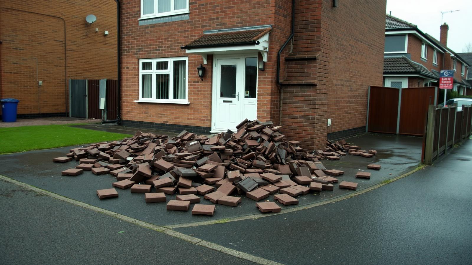 Damaged roof tiles and debris after a storm at a UK home