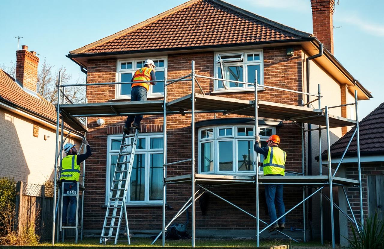 Two-storey scaffold being erected on a UK detached house