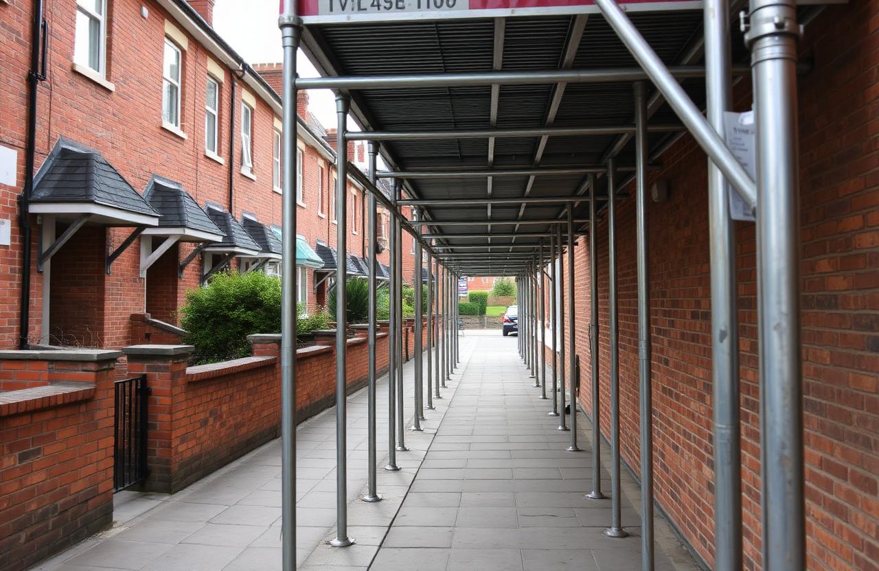 Domestic scaffold sitting along a residential pavement with pedestrian access maintained