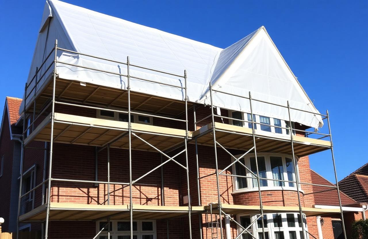 White-sheeted temporary scaffold roof on a residential re-roof project