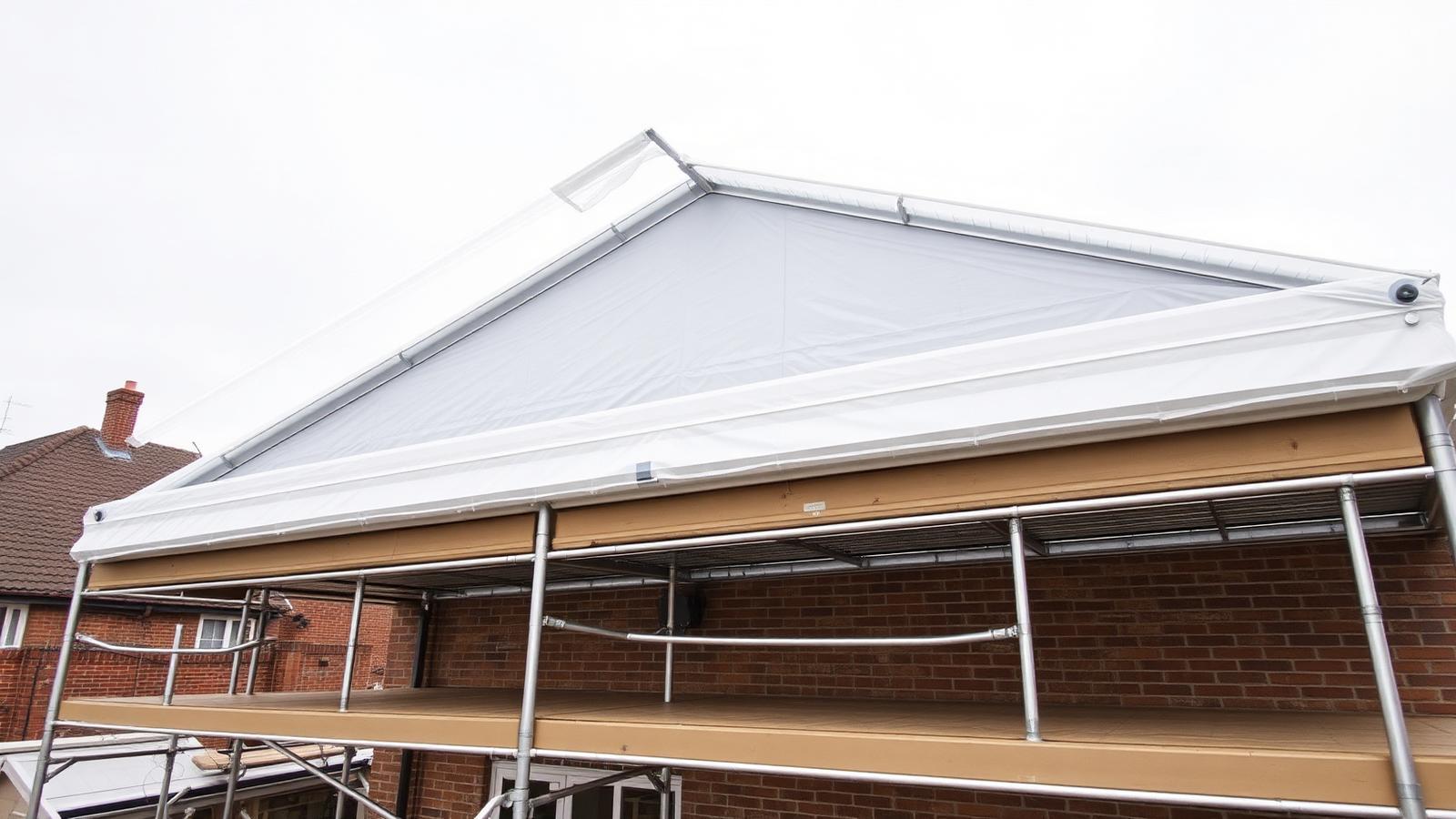 Sheeted temporary roof scaffold over a UK house during re-roofing works