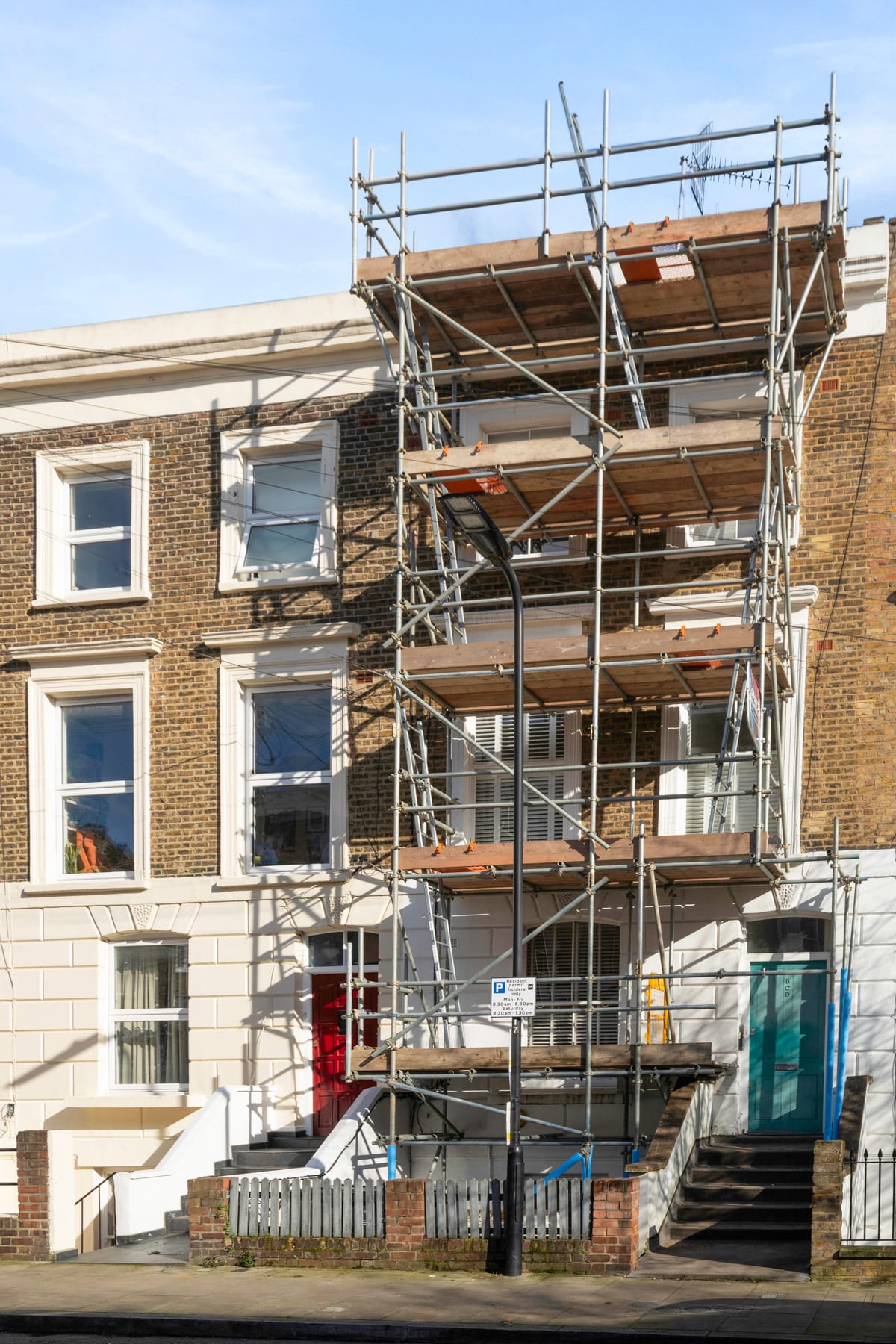 Sympathetic scaffold on a Georgian-style heritage terraced house