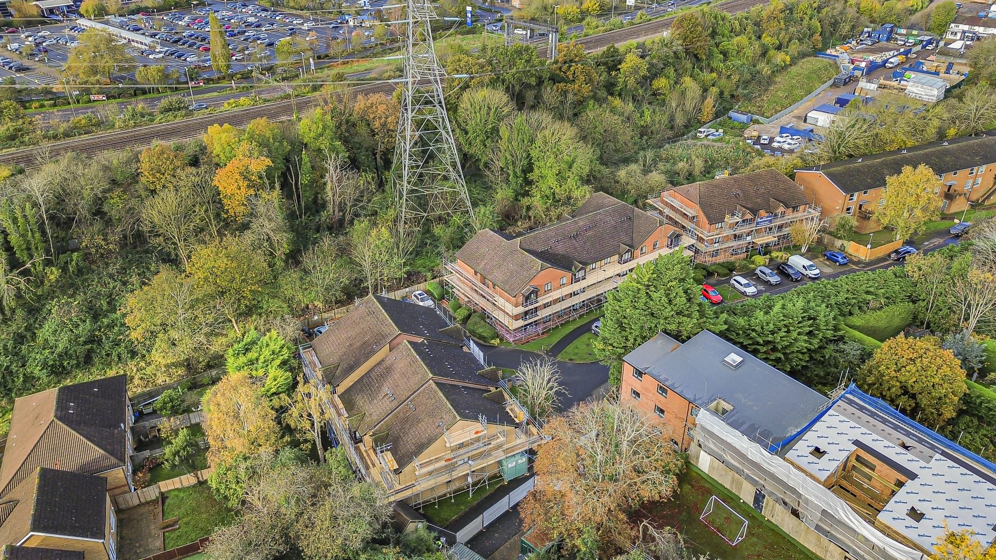 Scaffolding across multiple residential buildings