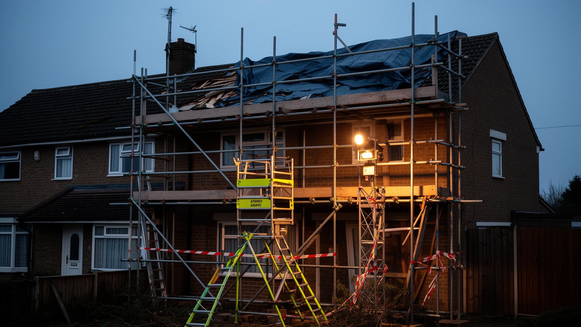 Scaffold erected as an emergency make-safe to a UK property, full perimeter access in place