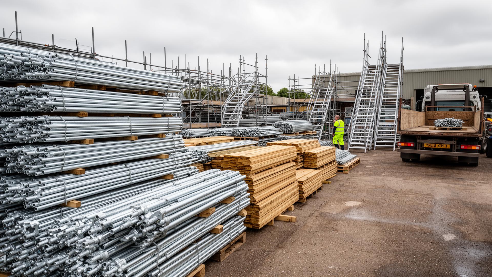 Scaffold tower assembled at a UK builders yard ready to be transported and erected on hire